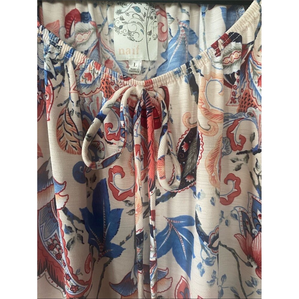 NAIF Tunic Light Pink Blue Red Coral Floral & Paisley Tie-Neck Split Sleeve Sz L - Picture 2 of 11